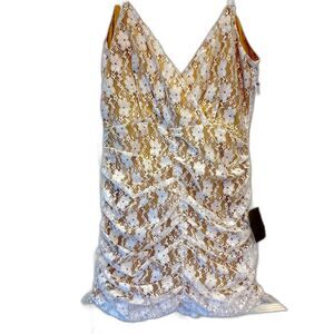 Lulus Mini Dress Womens Size MEDIUM White Lace Beige Lining Rusched Zip Straps